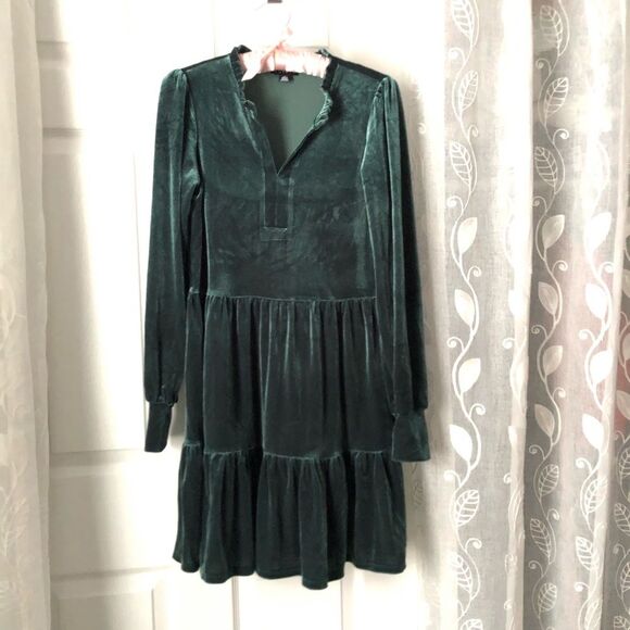 1. State Dresses & Skirts - 1. State Velour Velvet Emerald Green Long Sleeve Babydoll mini Dress Size XS